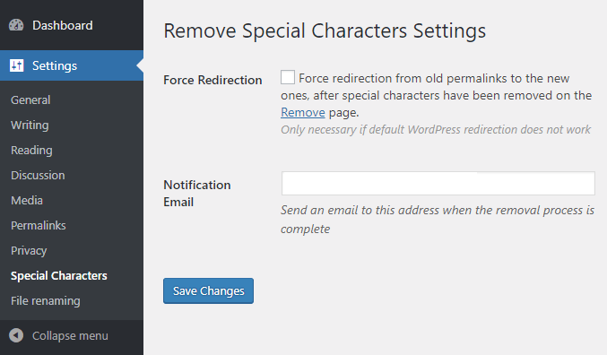 Remove Special Characters From Permalinks - WordPress Plugin-admin-settings-page